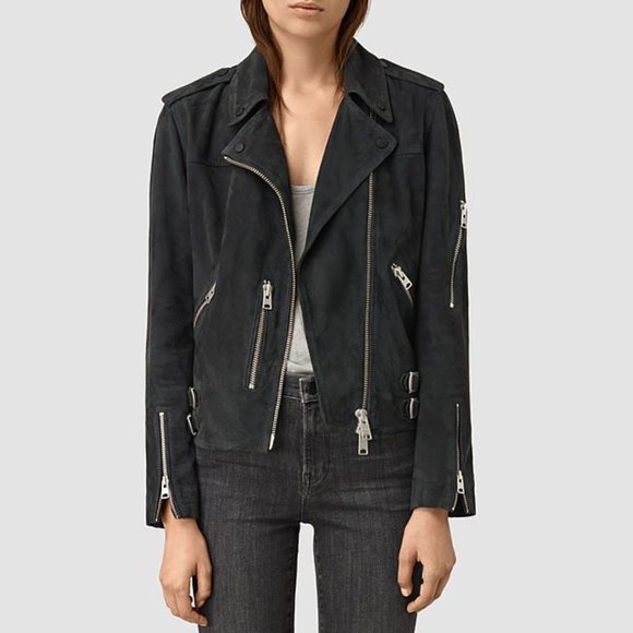 Allsaints Edwards Biker Goat Suede Leather Motorcycle Zipper Buckle Jacket, US 2 - Picture 1 of 15